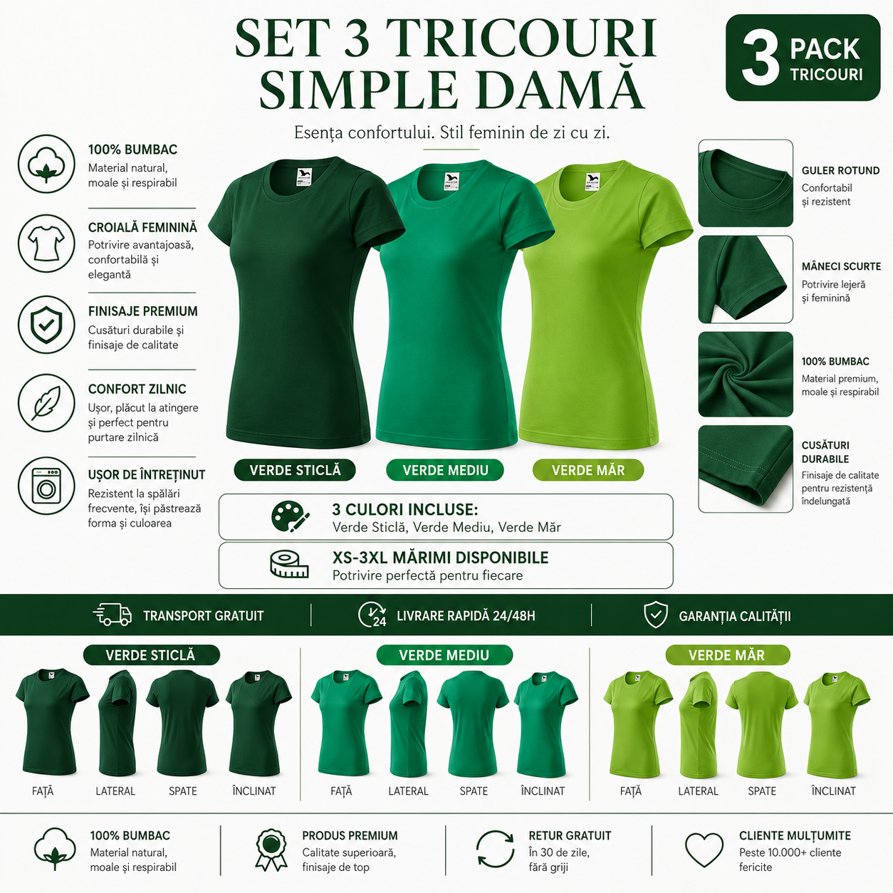 Set 3 tricouri damă 100% bumbac clasic casual verde mediu verde măr verde sticlă transport gratuit